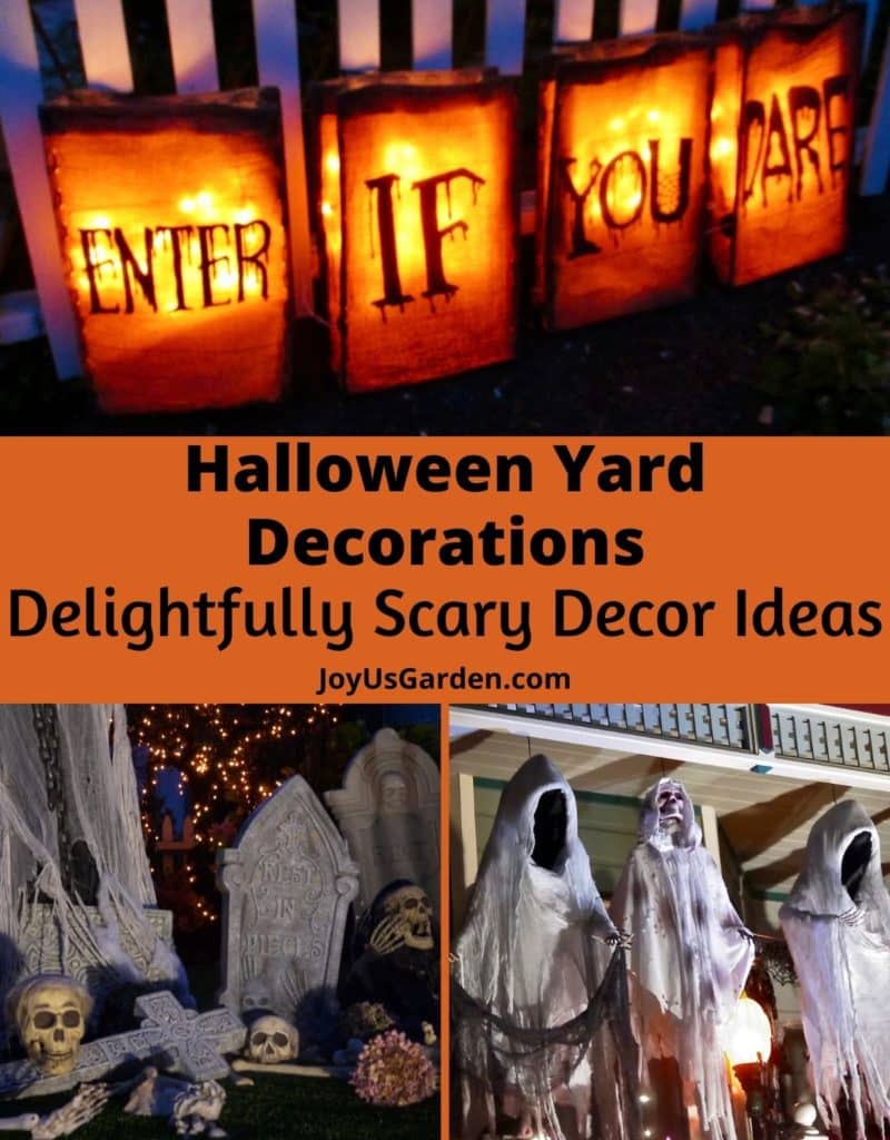 a collage of 3 photos with halloween decor the text read halloween yard decorations delightfully scary yard decor