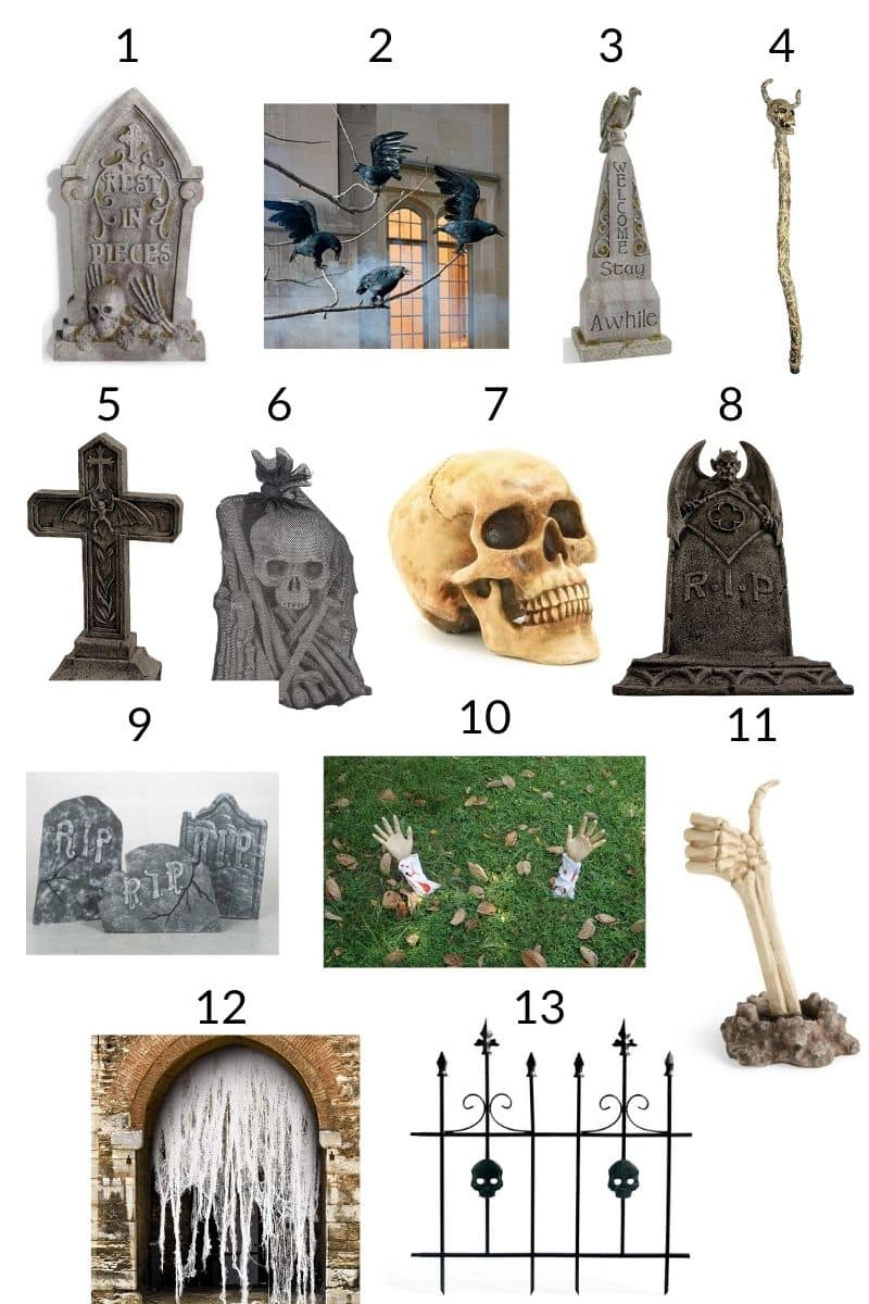 a collage of spooky halloween graveyard decor & accessories to buy online