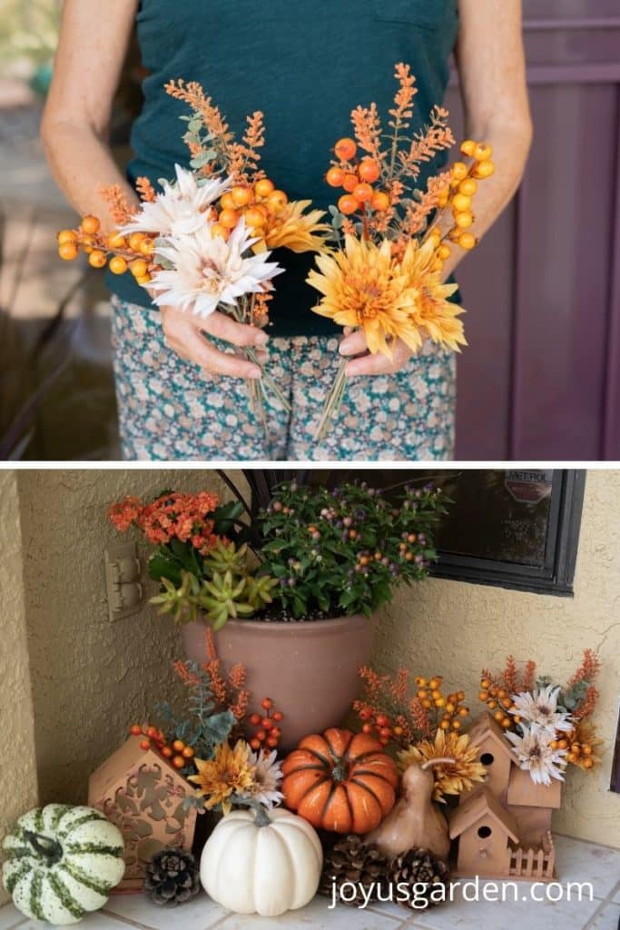fall decorations on a front porch and a close up of fall flowers
