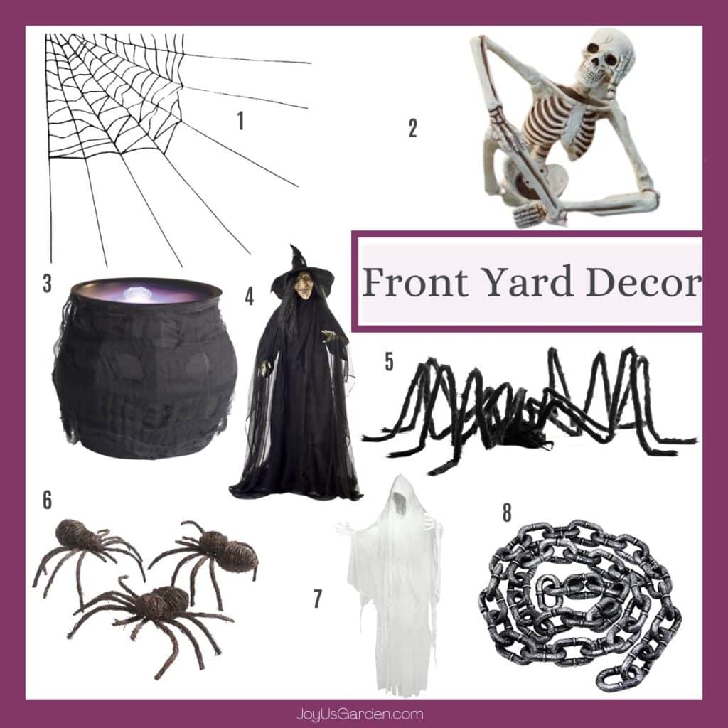 collage of 8 different Halloween front yard decorations