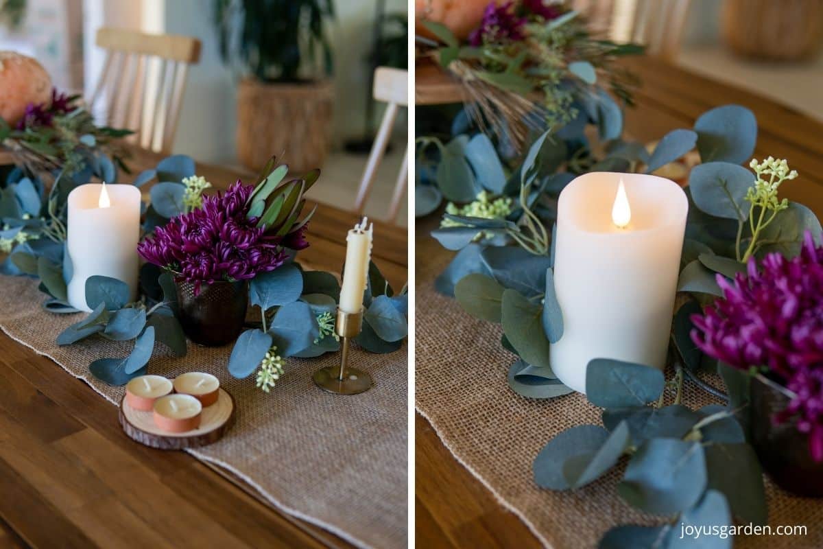 a collage of 2 close up photos of a thanksgiving centerpieces 1 shows a pillar candle a taper candle & 3 tea candles the other shows a pillar candle