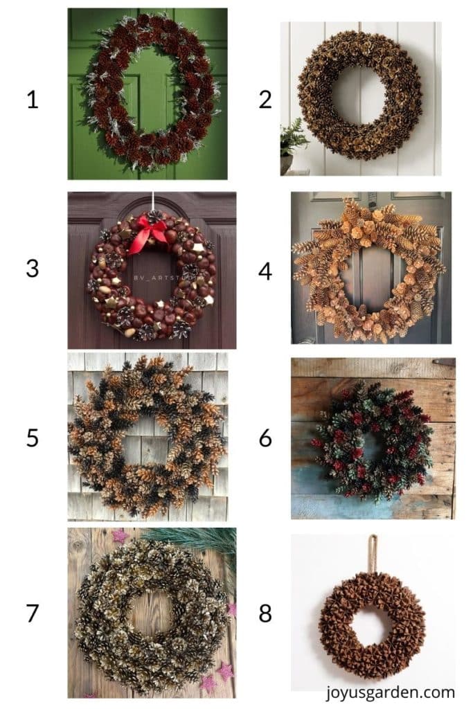 a collage with 8 pinecone wreaths to buy online