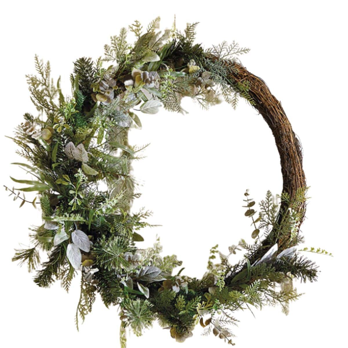 frosted winter wreath using faux cedar pine eucalyptus and mistletoe from ballard designs