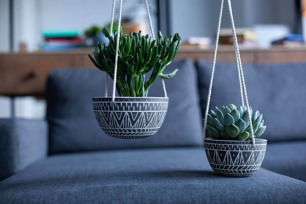 2 hanging ceramic planters with geometric pattern from etsy