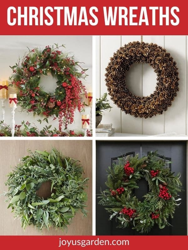 a collage of 4 beautiful christmas wreaths for sale the text at the ttop reads christmas wreaths