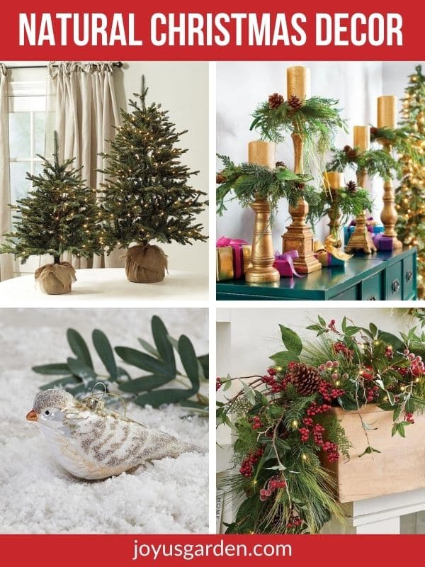 a collage of 4 product photos including mini christmas trees candles & candlesticks a small bird ornament & christmas garland with berries the text reads natural christmas decor