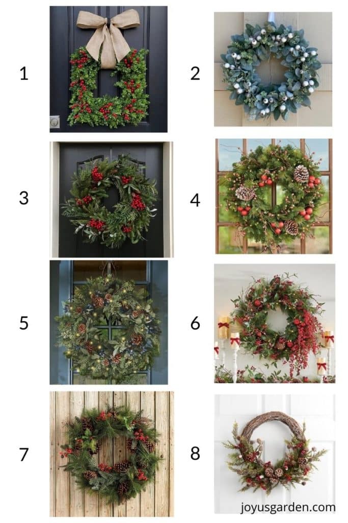 a collage showing 8 berry christmas wreaths for sale online