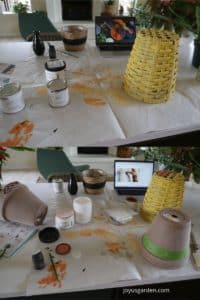 a collage of 2 photos showing baskets and pots being painted & decorated