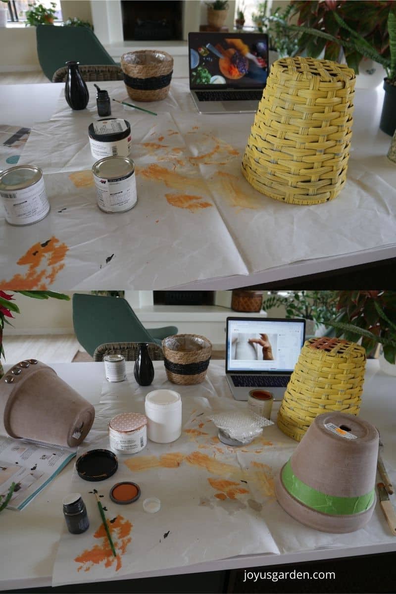 a collage of 2 photos showing baskets and pots being painted & decorated