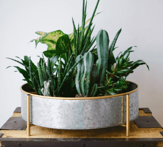 Handcrafted rustic planter on gold stand available at Etsy