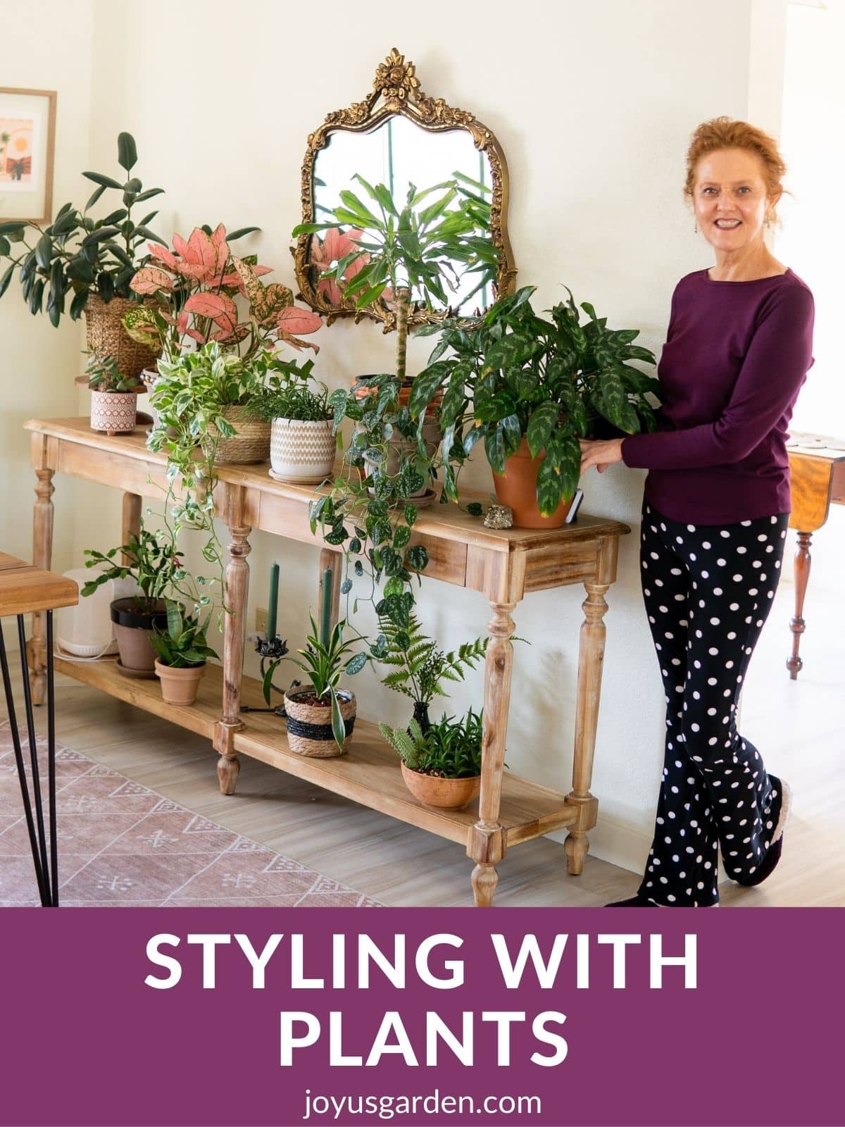 a woman stands next to a long narrow table that has many small indoor plants on it the text reads styling with plants