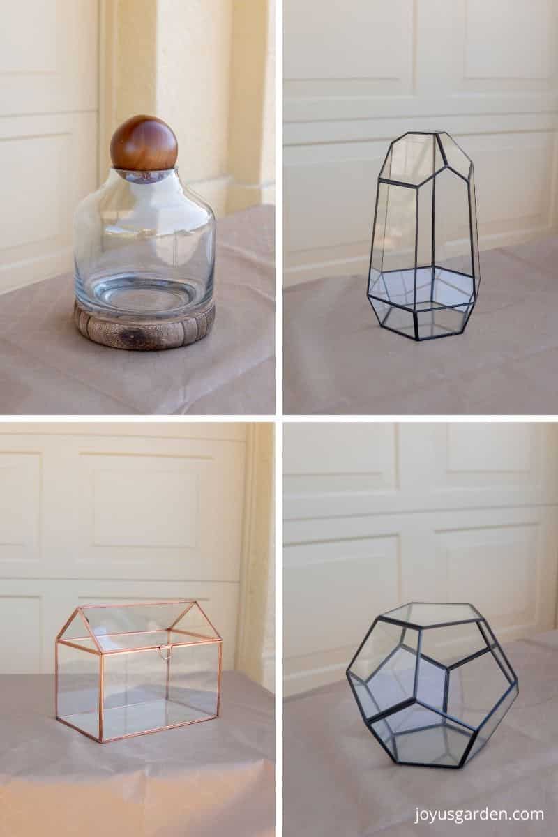 4 different empty glass terrarium containers