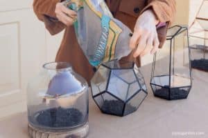 a woman pouring charcoal into three terrarium containers