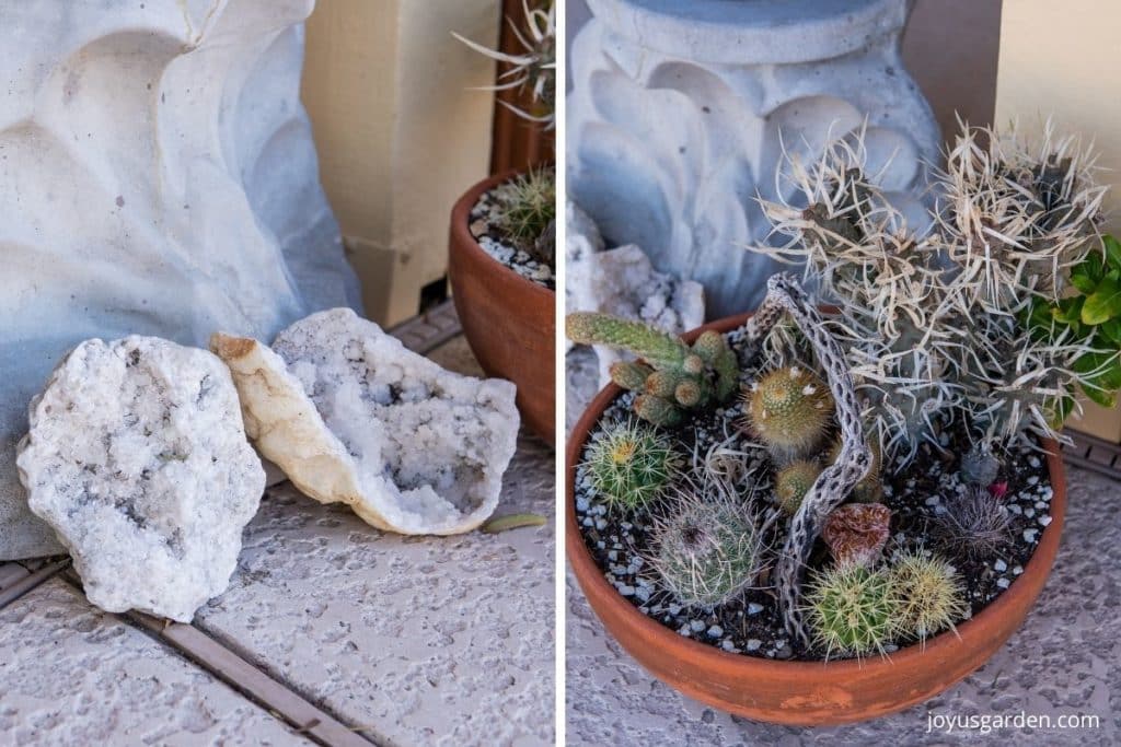 2 photos side by side showing 2 white geodes & a cactus dish garden