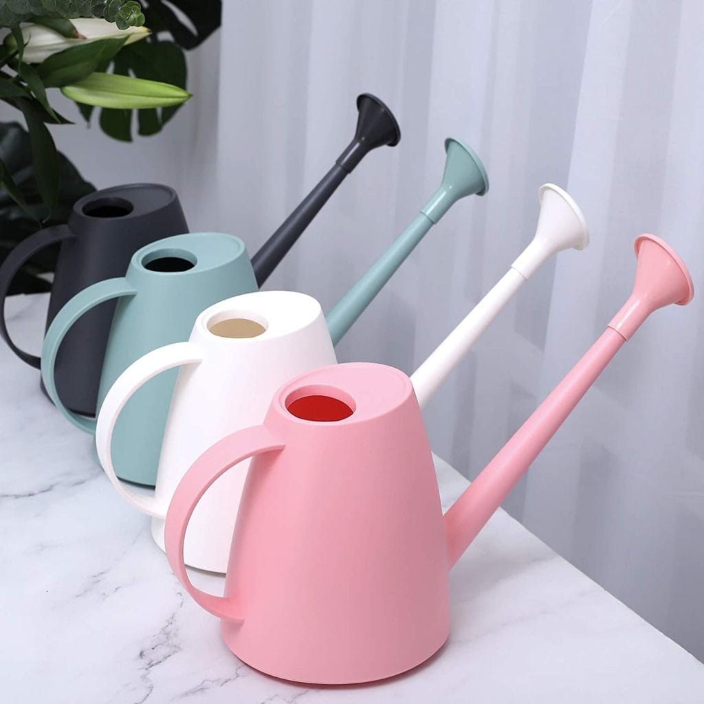 4 small watering cans with shower head in black, mint green, white & pink from amazon