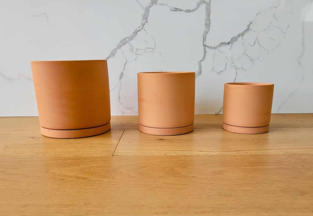 three small terracotta pots placed on kitchen table 
