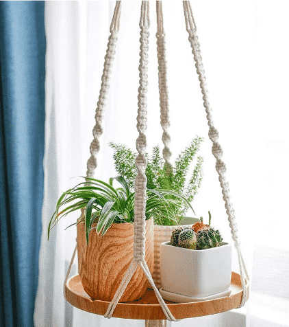 macrame plant shelf with a variety of three plants displayed