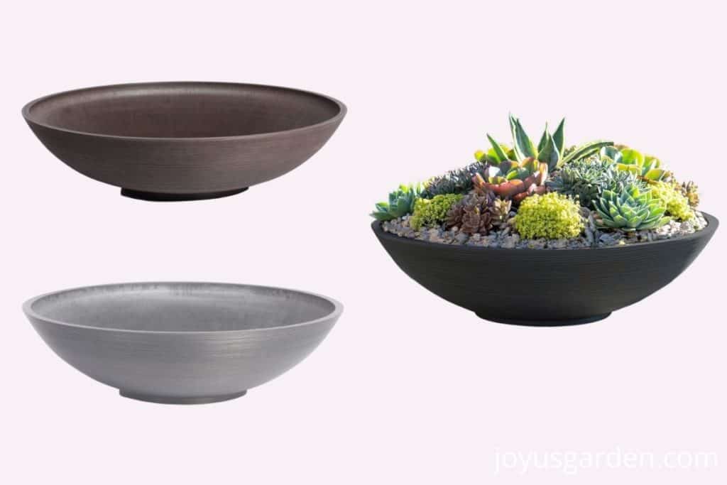 3 different colors of hevea outdoor bowl planters available to buy online at pottery barn