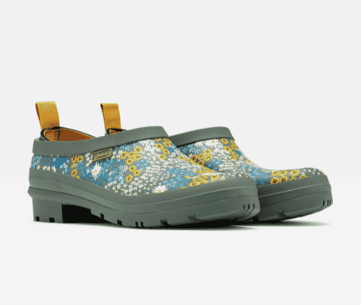 green and floral print slip on clogs from joules