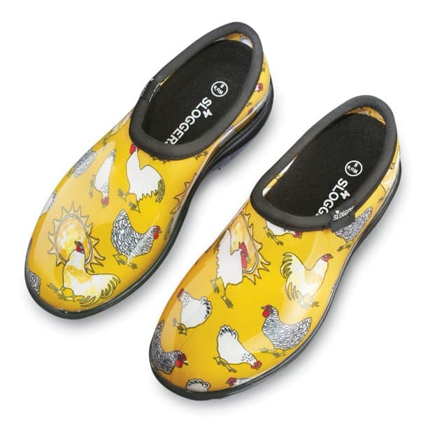 yellow and chicken print clogs from amazon