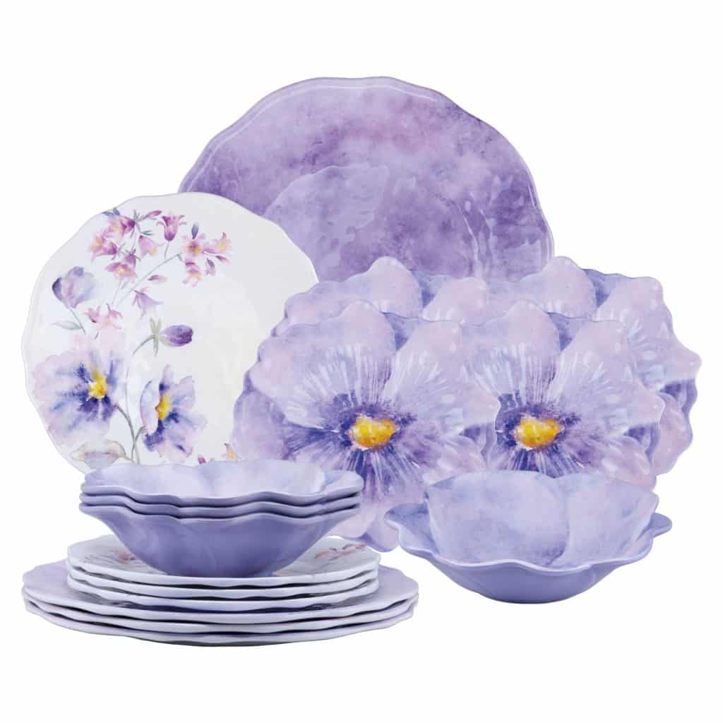 melamine dinnerware set in soft purple with floral design available at amazon