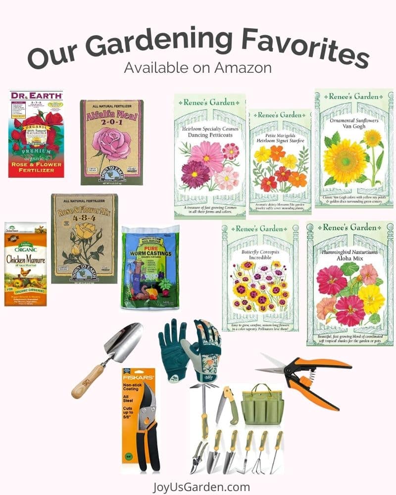 collage of plant foods, seeds, and gardening tools available at amazon