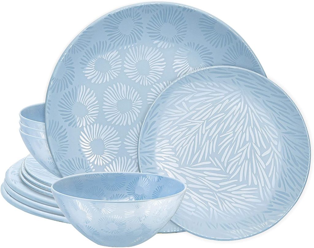 melamine dinnerware set in light blue from amazon