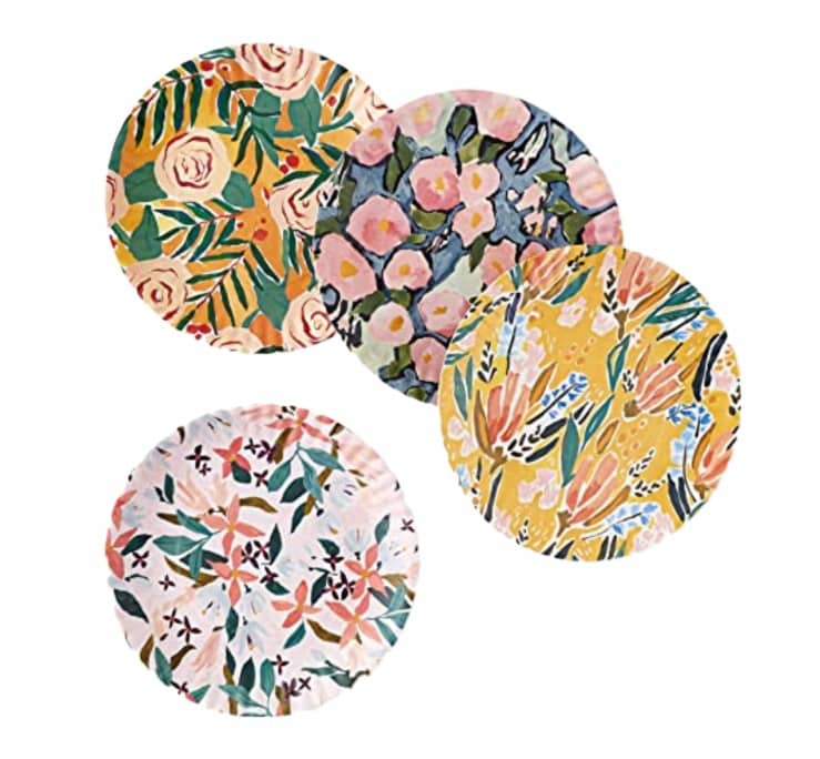 4 floral design melamine plates available at Amazon