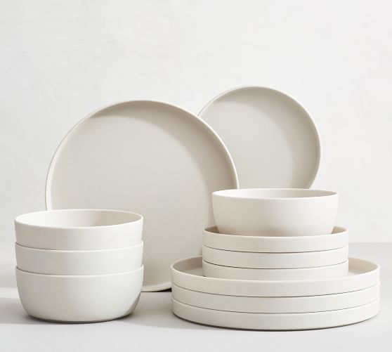 modern countered white melamine dinnerware set from pottery barn