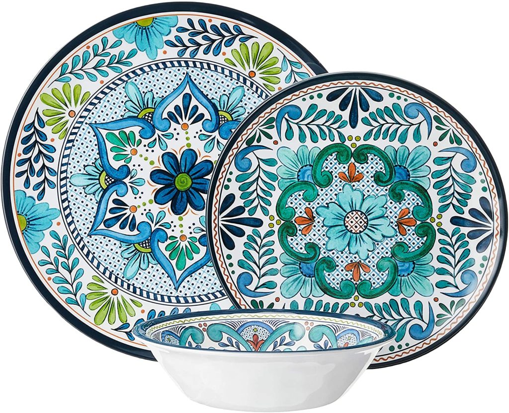 large and small Talavera style melamine plates with a talavera style melamine bowl available at amazon