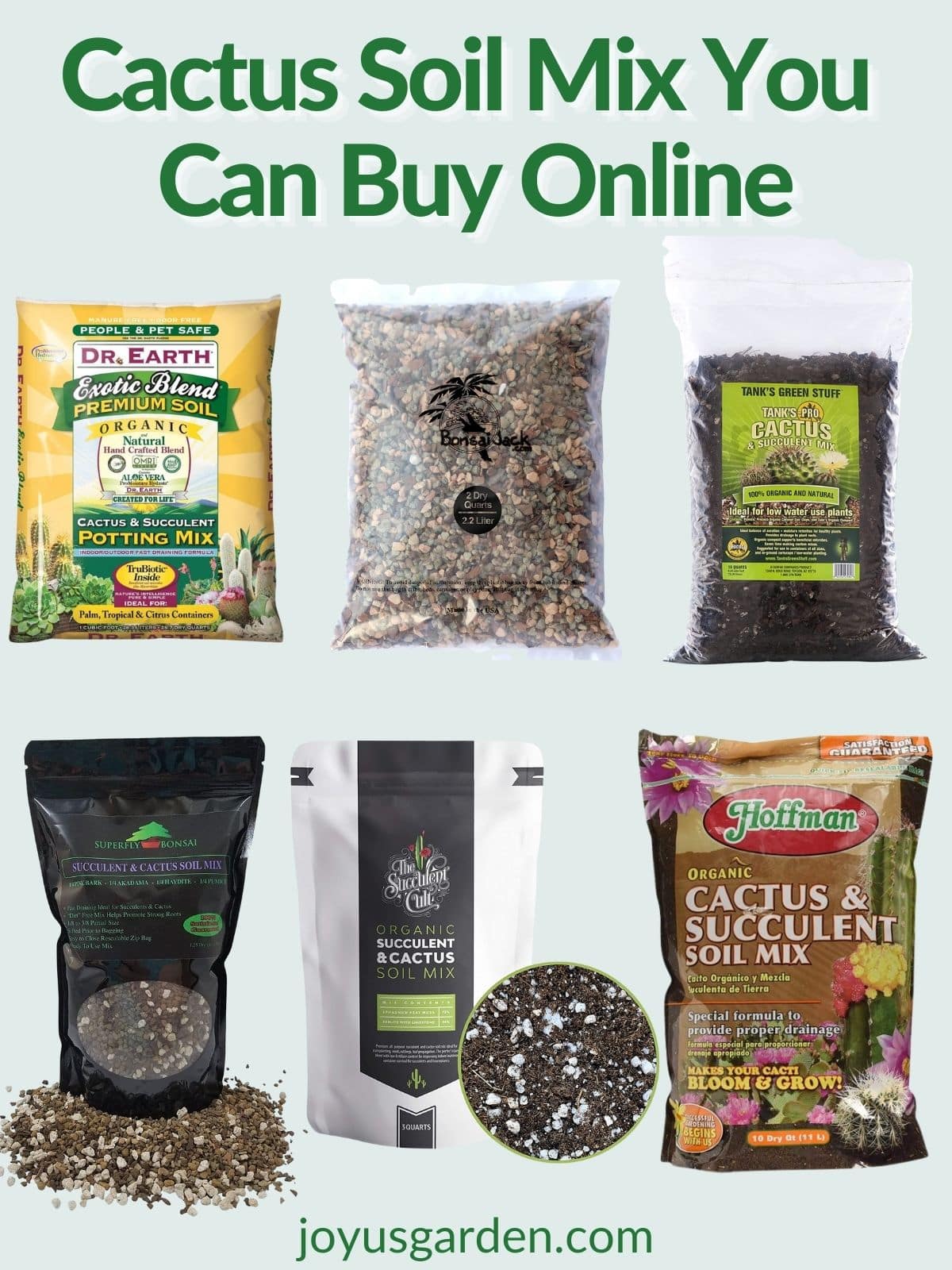 A collage showing 6 different brands of cactus mix you can buy online.