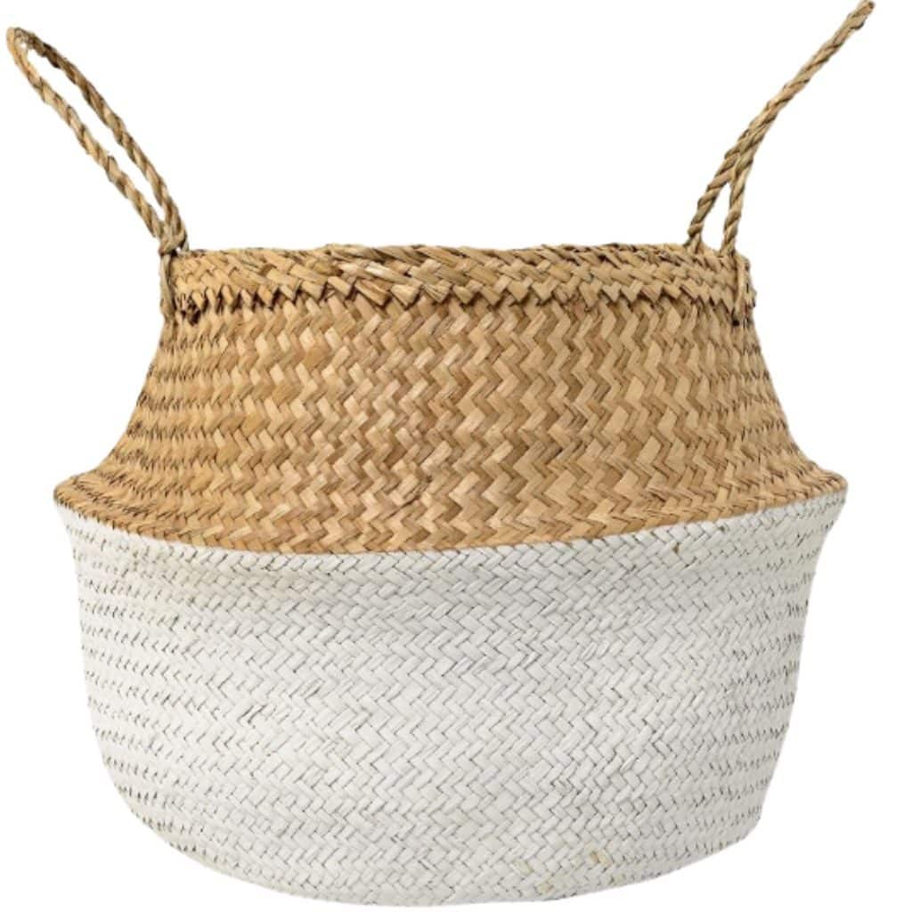 decorative round natural and white plant basket with handles natural on top and white on bottom half to buy at target