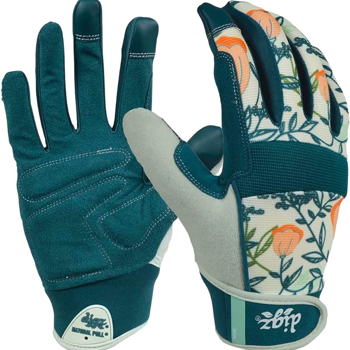 greenish blue garden gloves with coral floral design touch screen with wrist straps available at Amazon