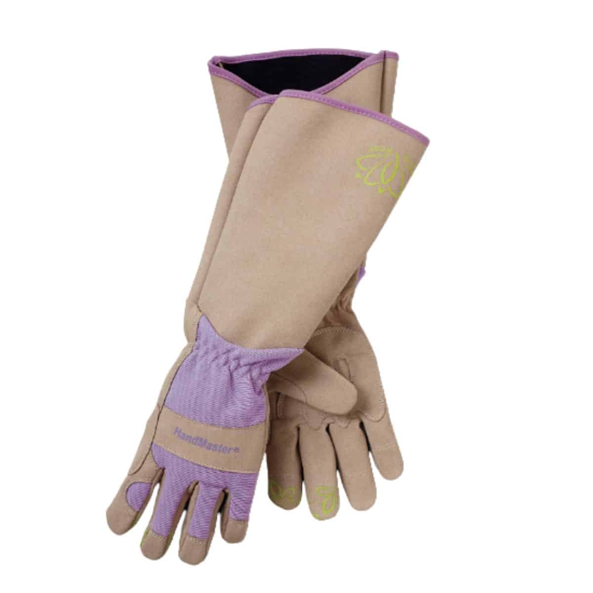 long forearm protection garden gloves light purple and tan text on glove reads hand master available at Amazon