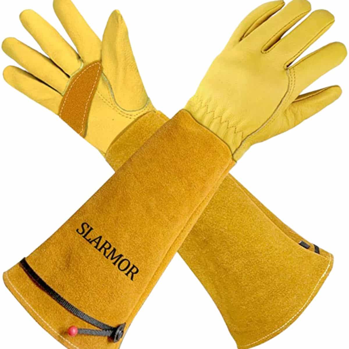 yellow leather cowhide glove full forearm coverage text on glove reads slarmor from Amazon