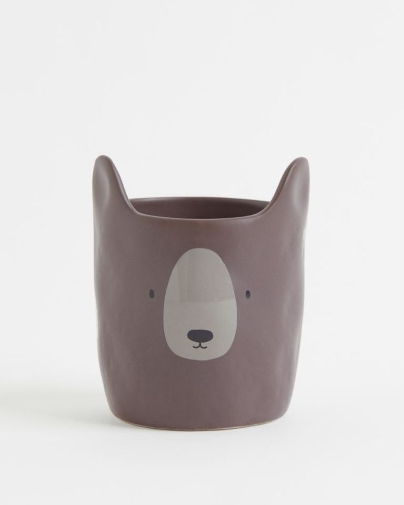 taupe colored plant pot with bear face to buy from h& m home