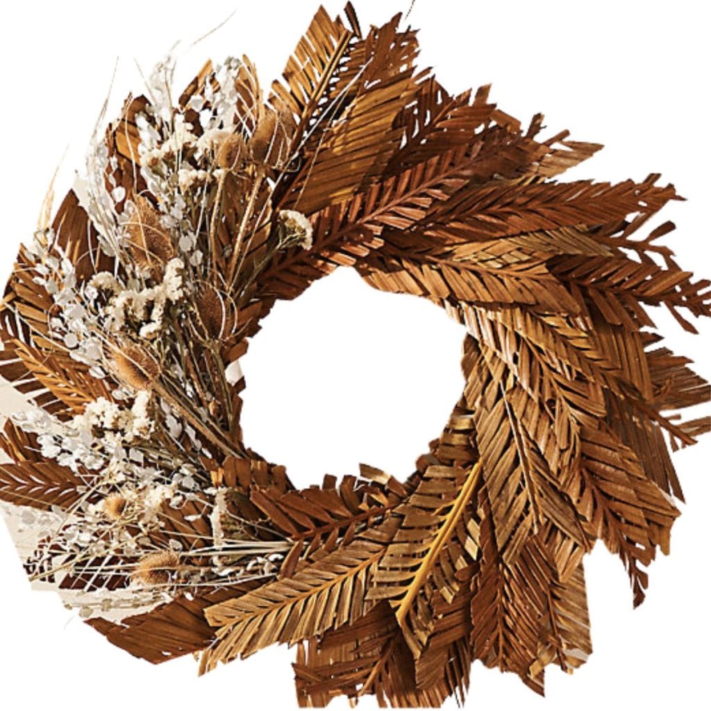 wreath made of dried wooden fern frond palms, statice, and more natural botanicals from terrain