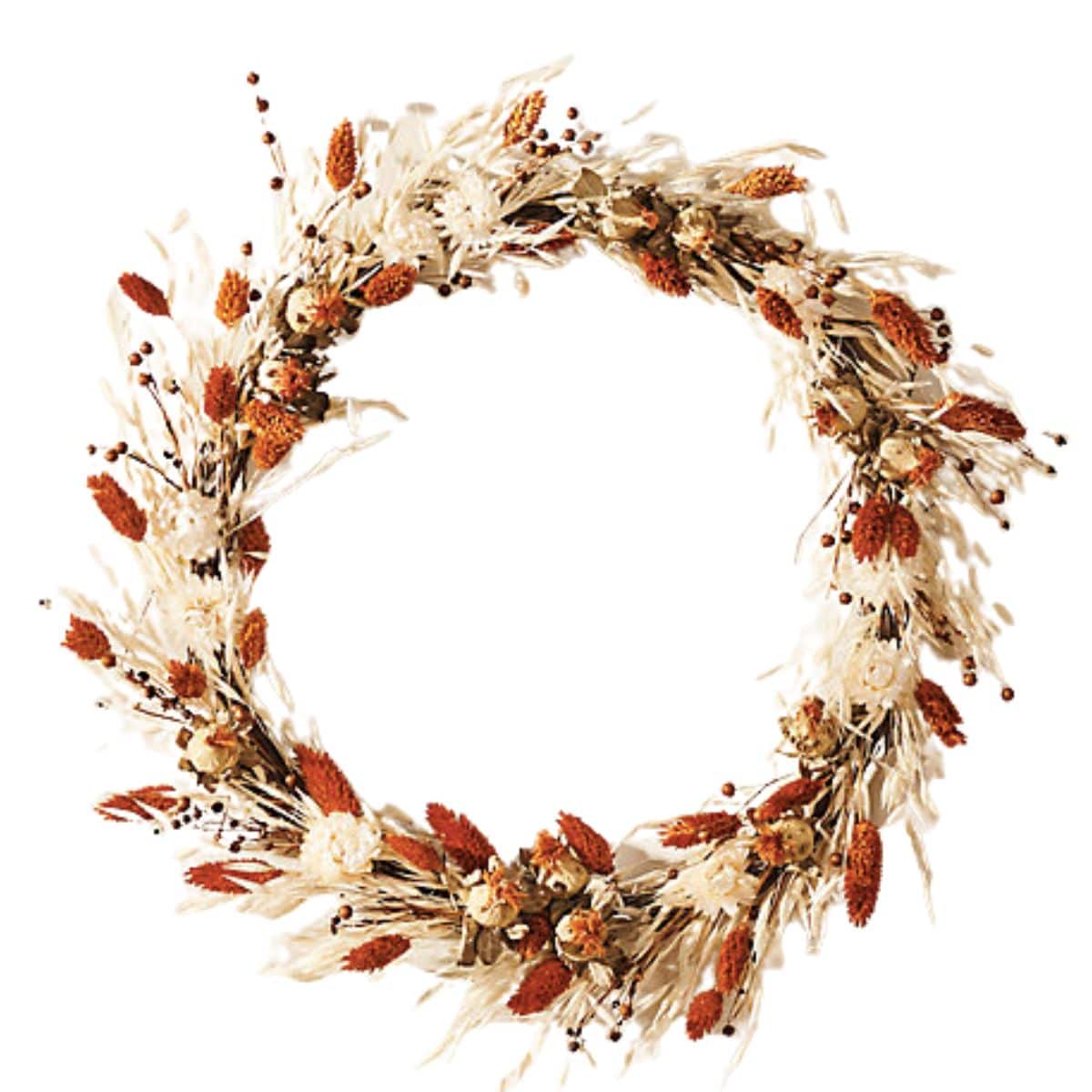 Wreath made of Bleached oats, safflower blooms, and cream strawflower from terrain.