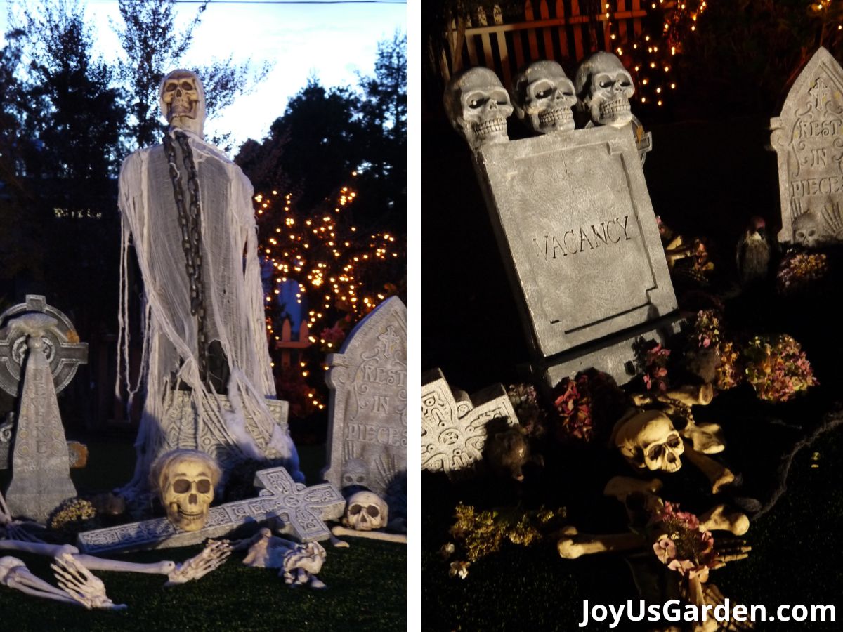 a collage of 2 photos showing 2 different sections of a halloween graveyard scene at night