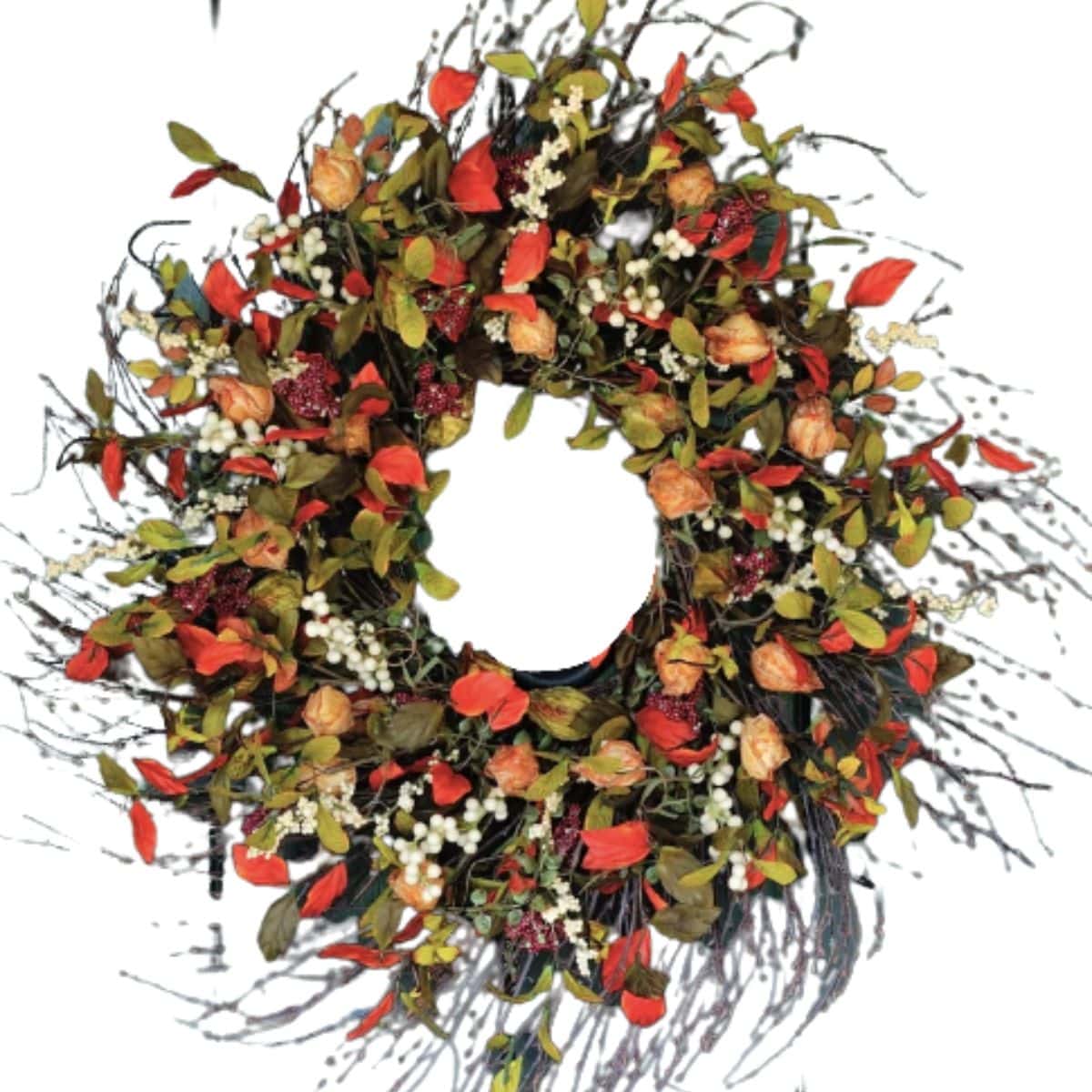 Wreath made of fall leaves, rose hips, cinnamon, cream berries, cape gooseberries from etsy.