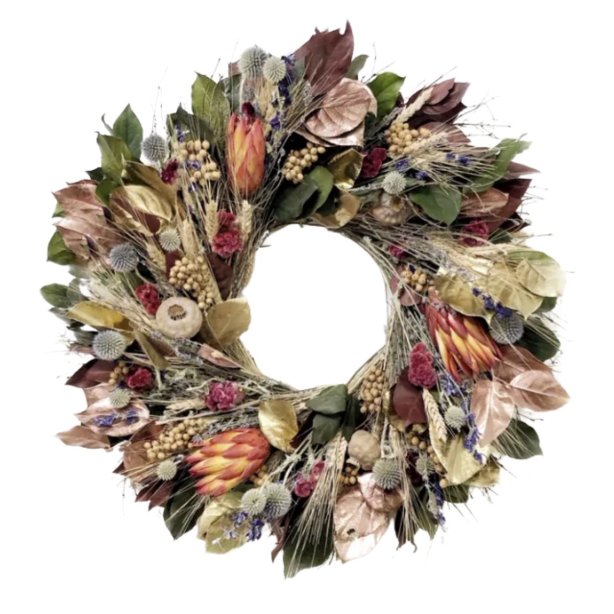 fall wreath made with blond wheat, natural canella berries, quail brush, Echinops, blue larkspur, and burgundy celosia from wayfair