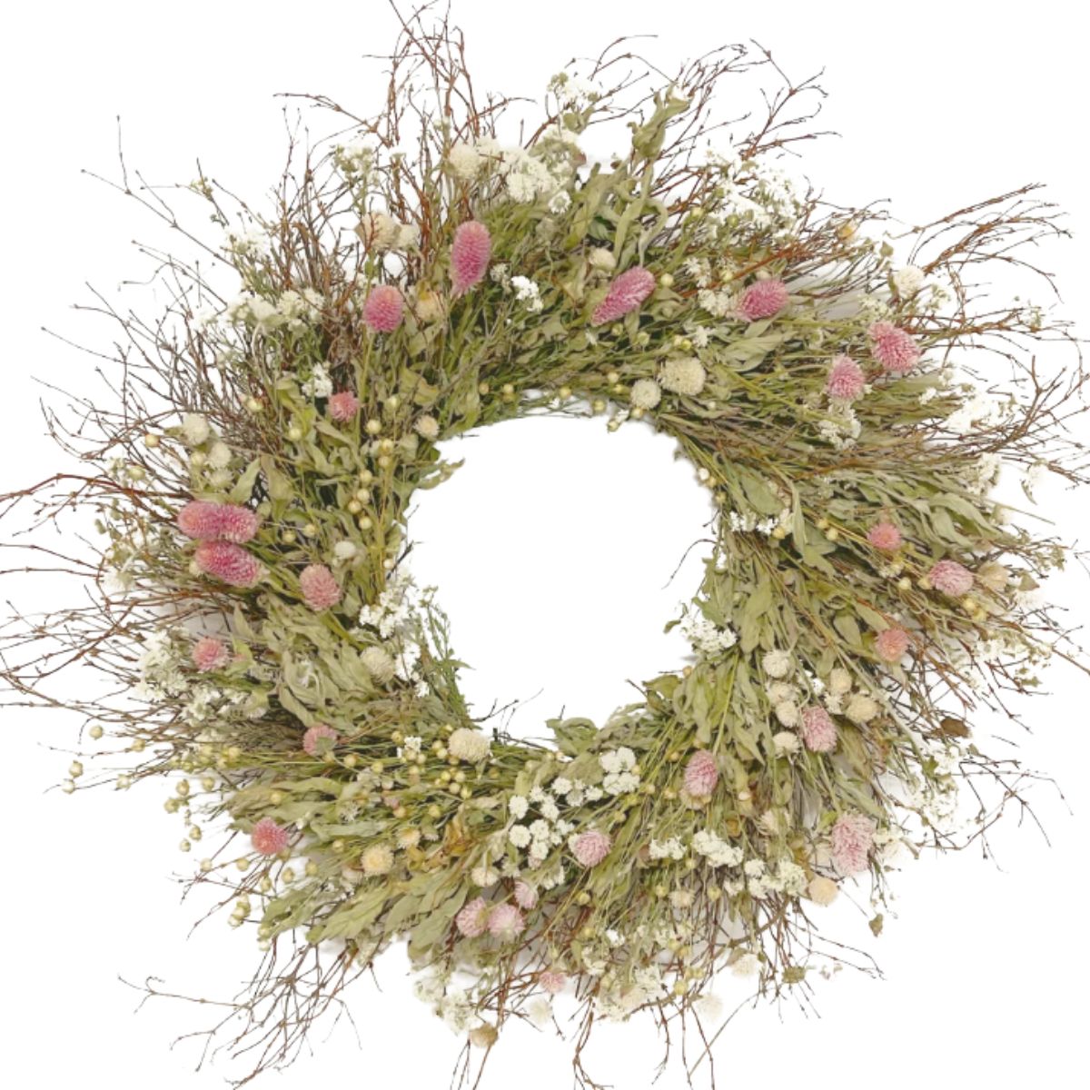 Wreath made of quail brush twigs and globe amaranth from etsy.
