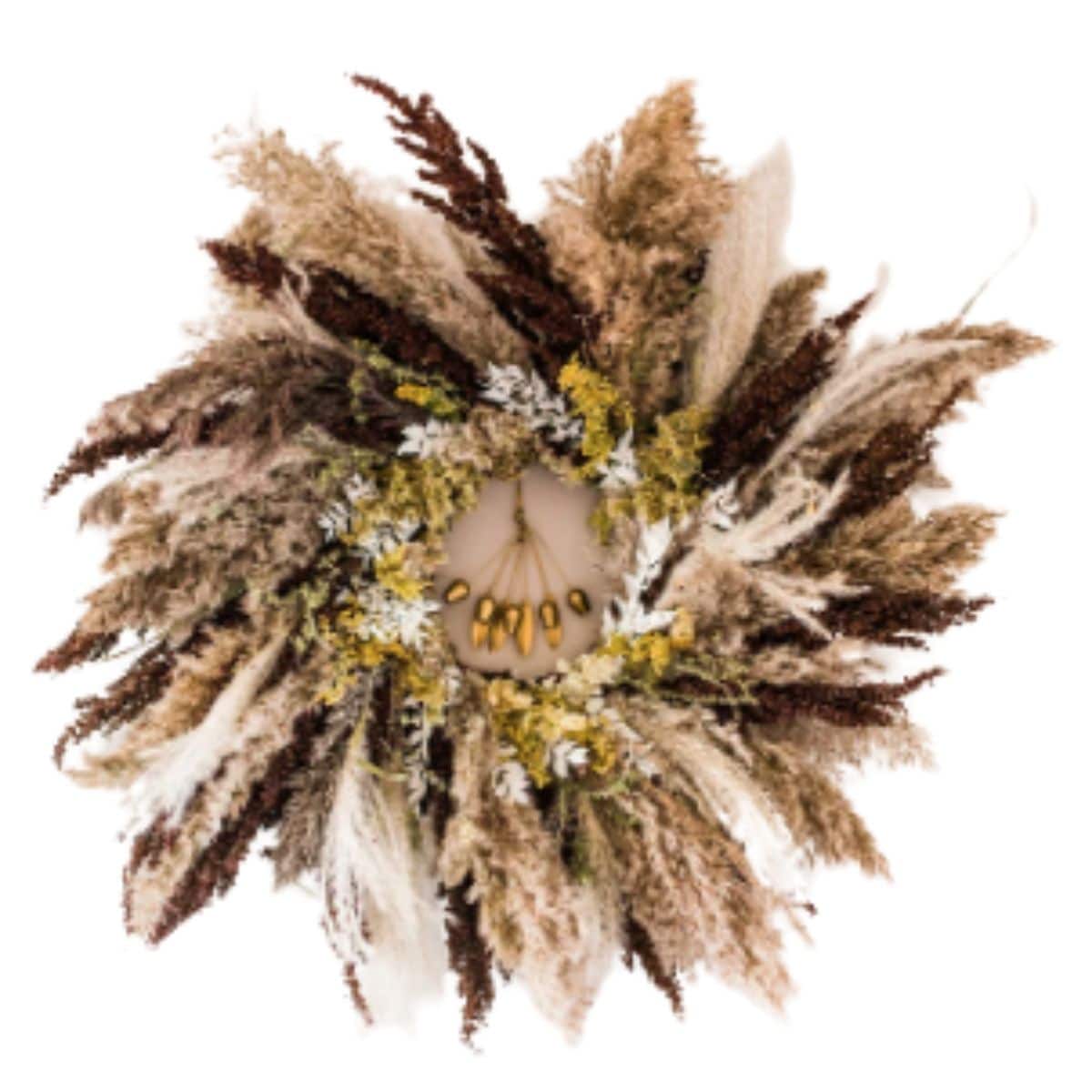 Wreath made with dried natural grasses, yellow goldenrod, and bunny tail grasses or bleached Italian ruscus from etsy.