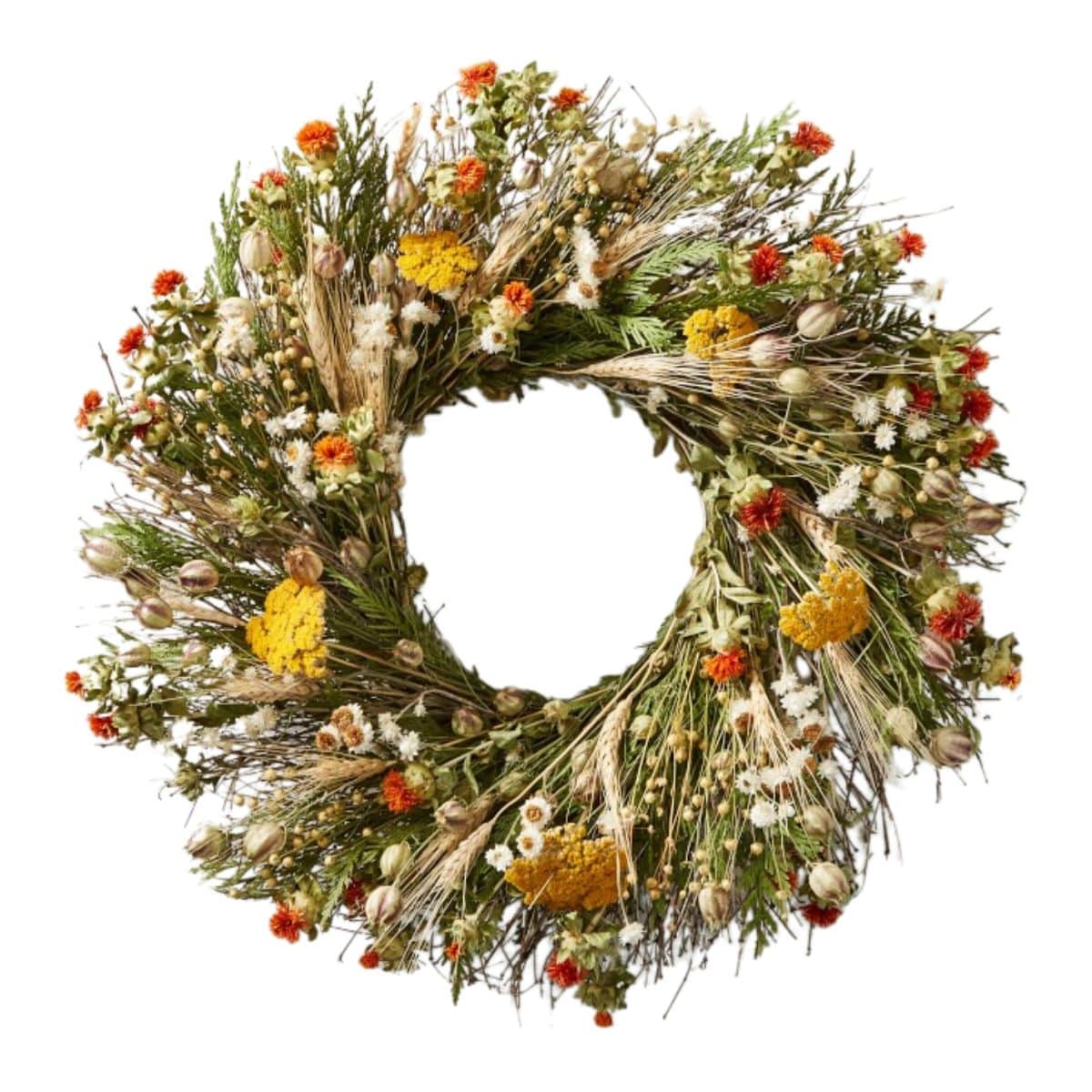 wreath made of orange safflowers, yellow yarrow and ivory ammobium from williams sonoma