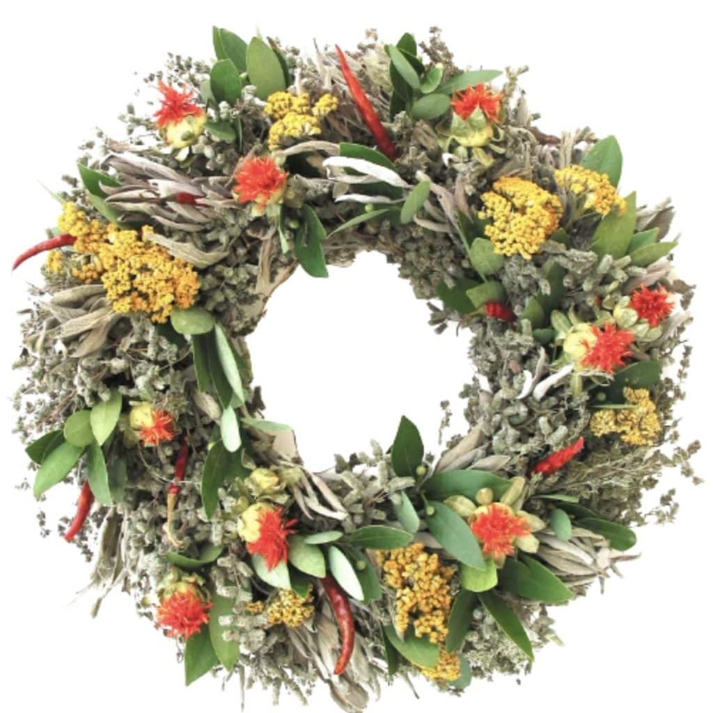 wreath made of safflowers and chile de arbol, Marjoram, savory, and sage from etsy