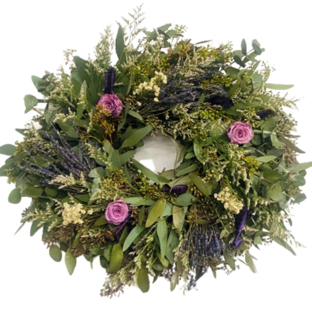 wreath made of Seeded Eucalyptus, Baby Blue Eucalyptus, Preserved Lavender roses, Pearl, Lavender, MistyWhite, Purple Curls from etsy