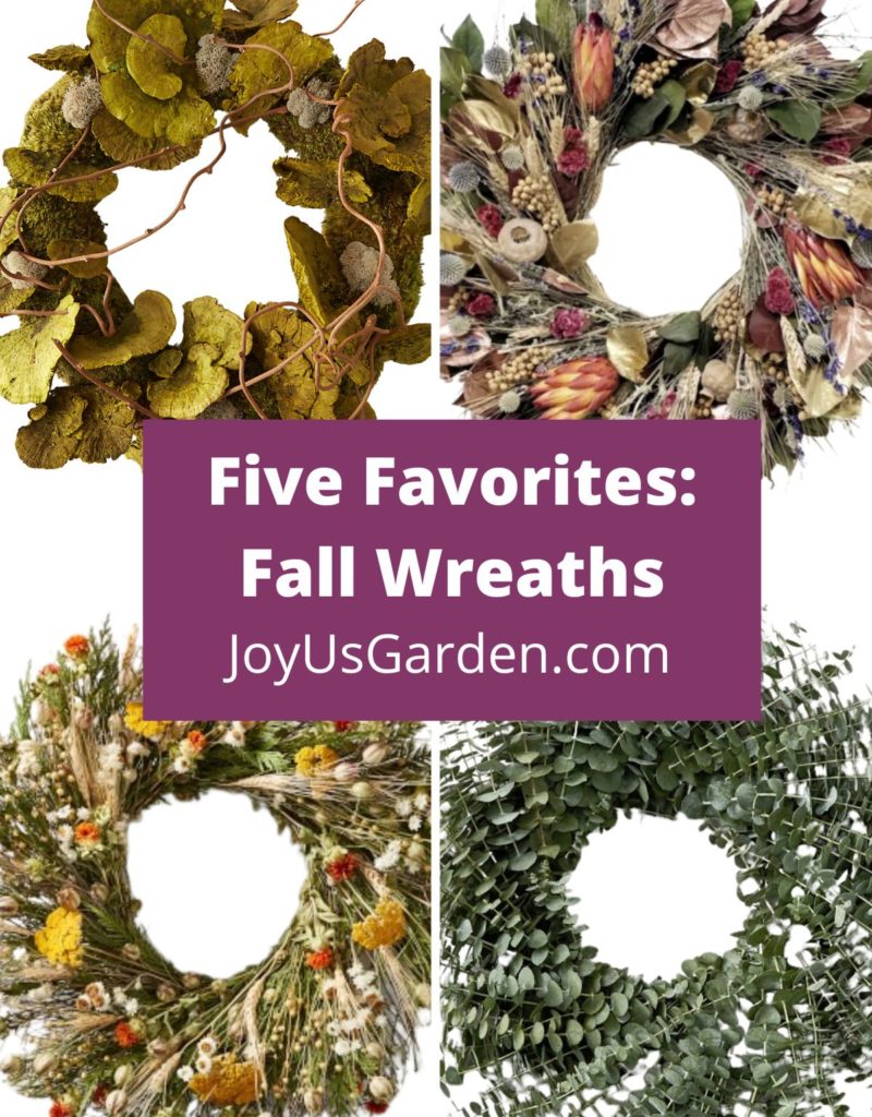 collage of four natural readymade fall wreath text reads five favorites: fall wreaths joyusgarden.com