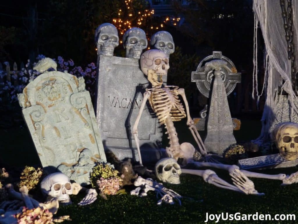 Halloween graveyard scene with skulls, graveyard tombstones, dried flowers, skeletons, creepy cloth, chains and bones.