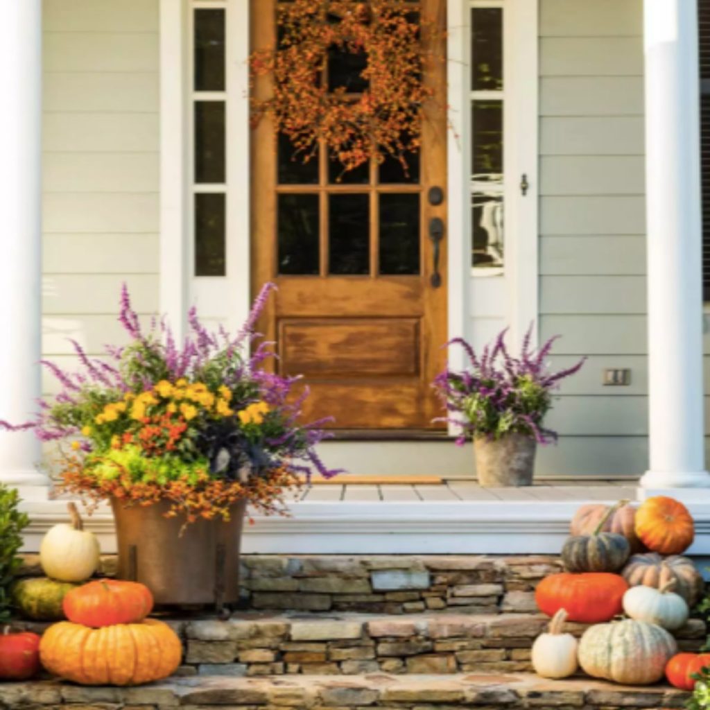 a botanical front porch decorated for fall with 2 planters, a wreath, & pumpkins