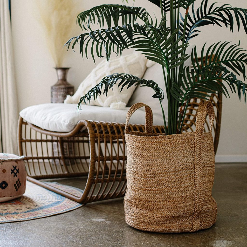 the goobloo large woven storage basket in light brown natural materials with palm inside to buy on amazon